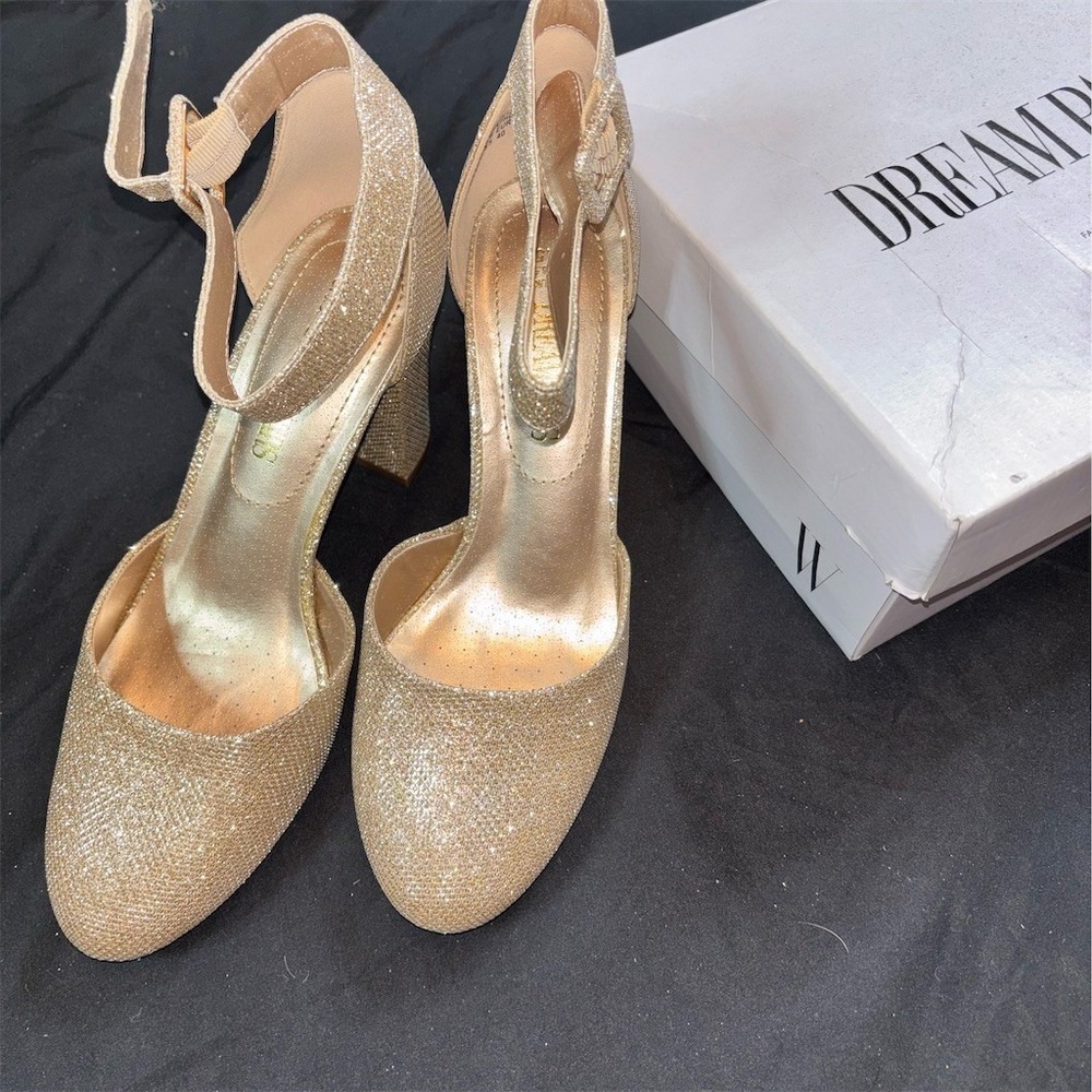 DREAM PAIRS Angela Women's Pumps Gold Glitter Ankle Strap Block Heel 8.5 wedding